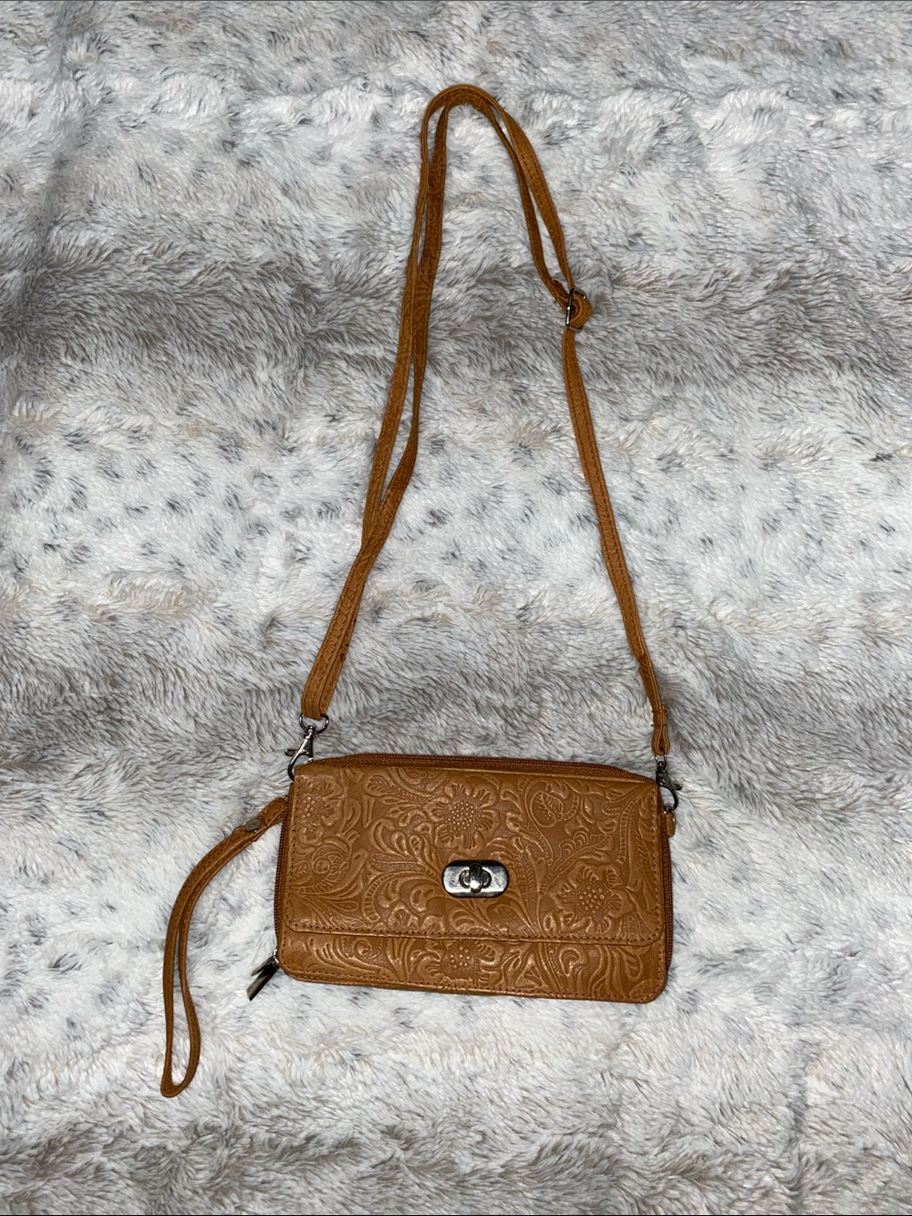 Bueno Embossed Floral Crossbody Bag in Tan Brown